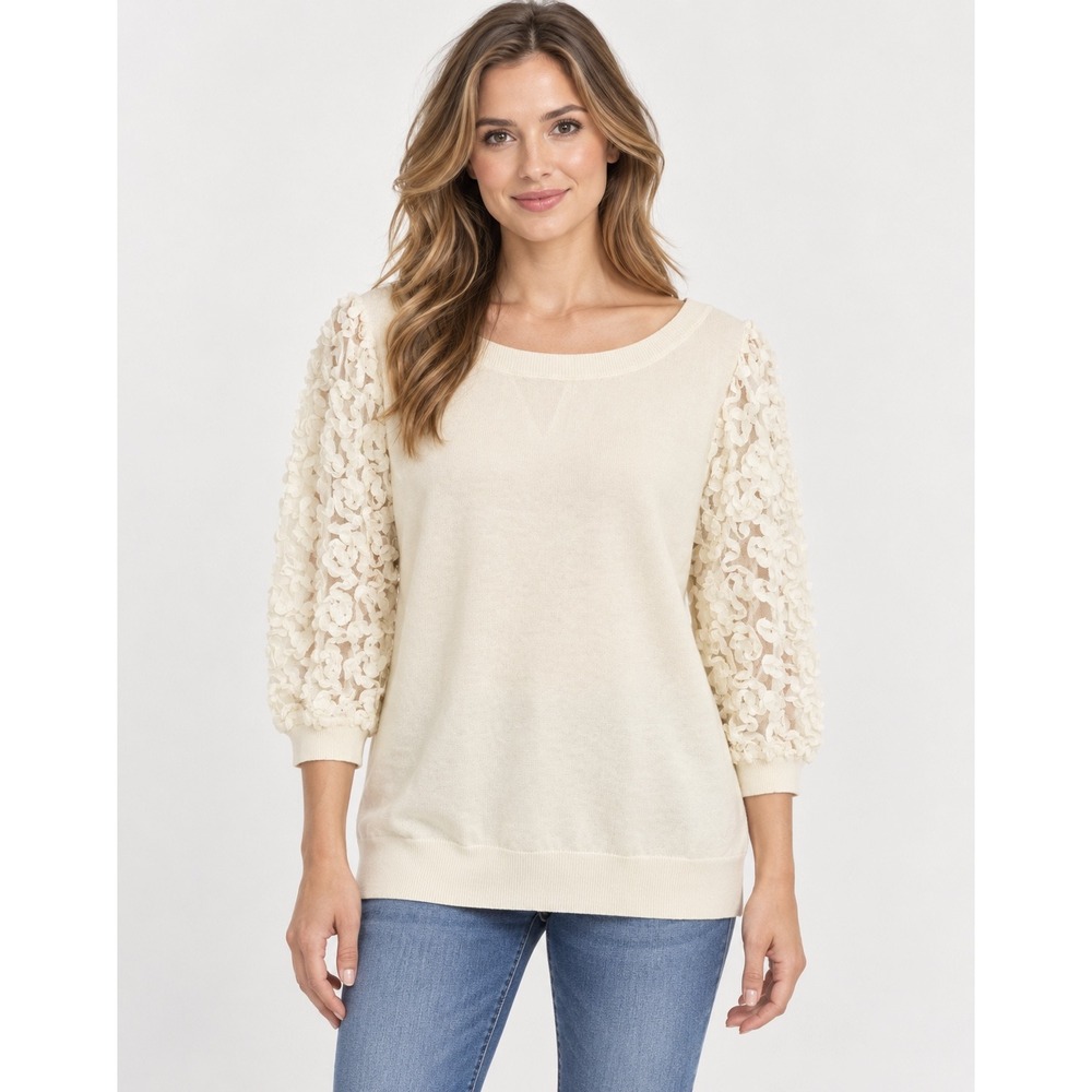 Indigo Rose Cream Knit Top 3/4 Puff Sleeve 3D Floral Lace Applique Medium NWT